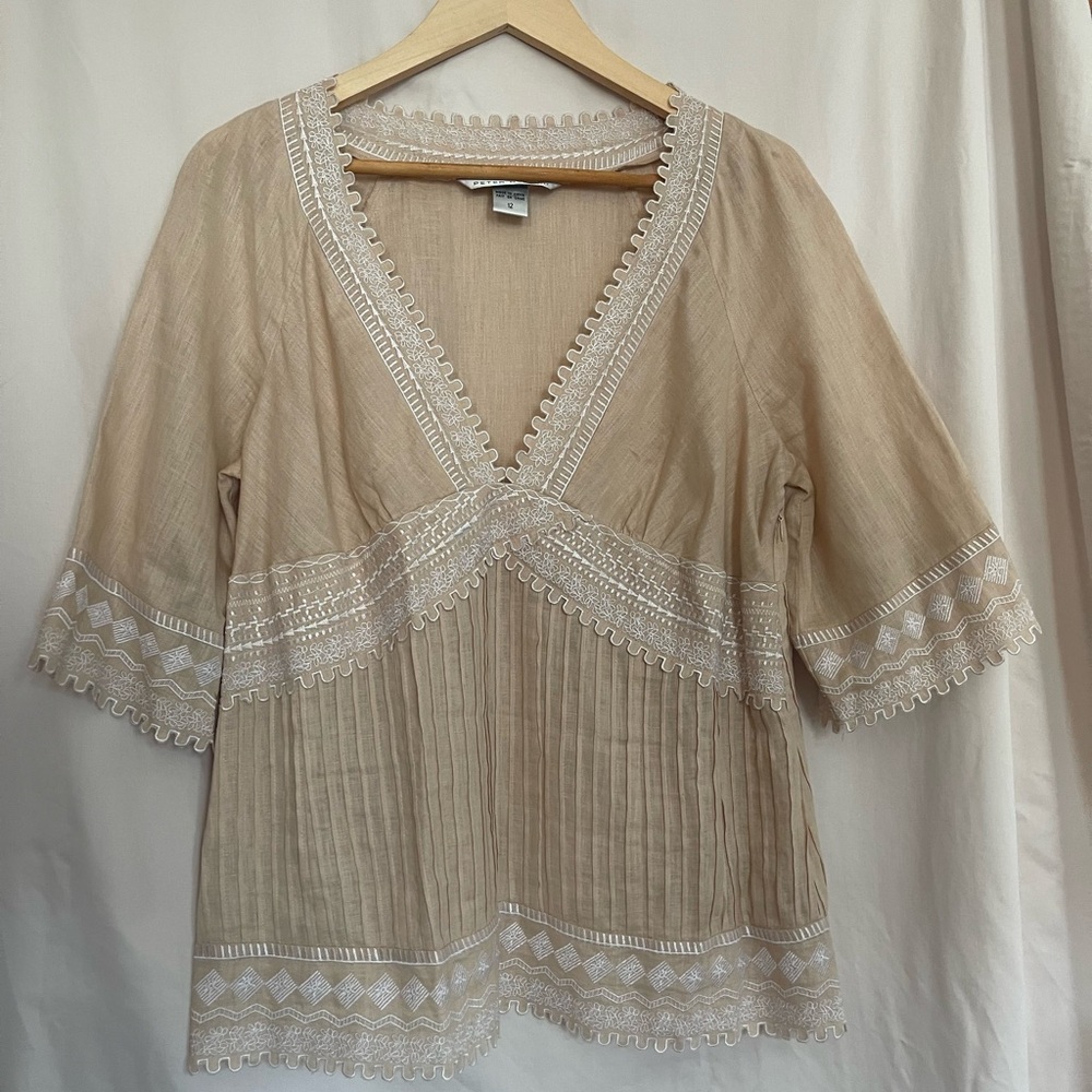 Peter Nygard Tan Bell Sleeve Blouse with Embellished Pleats
